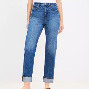NWT Cuffed High Rise Straight Jeans in Bright Mid Indigo Wash